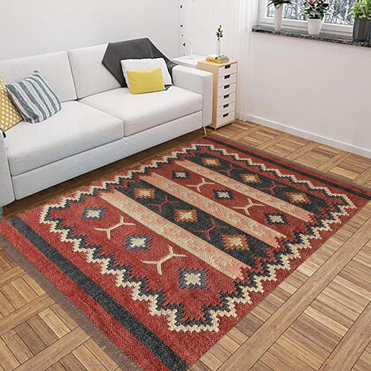 Handmade Kilim Rectangle Boho Mats Wool Durable Rustic Look Boho Area Carpet Farmhouse Jute Rug Multicolor