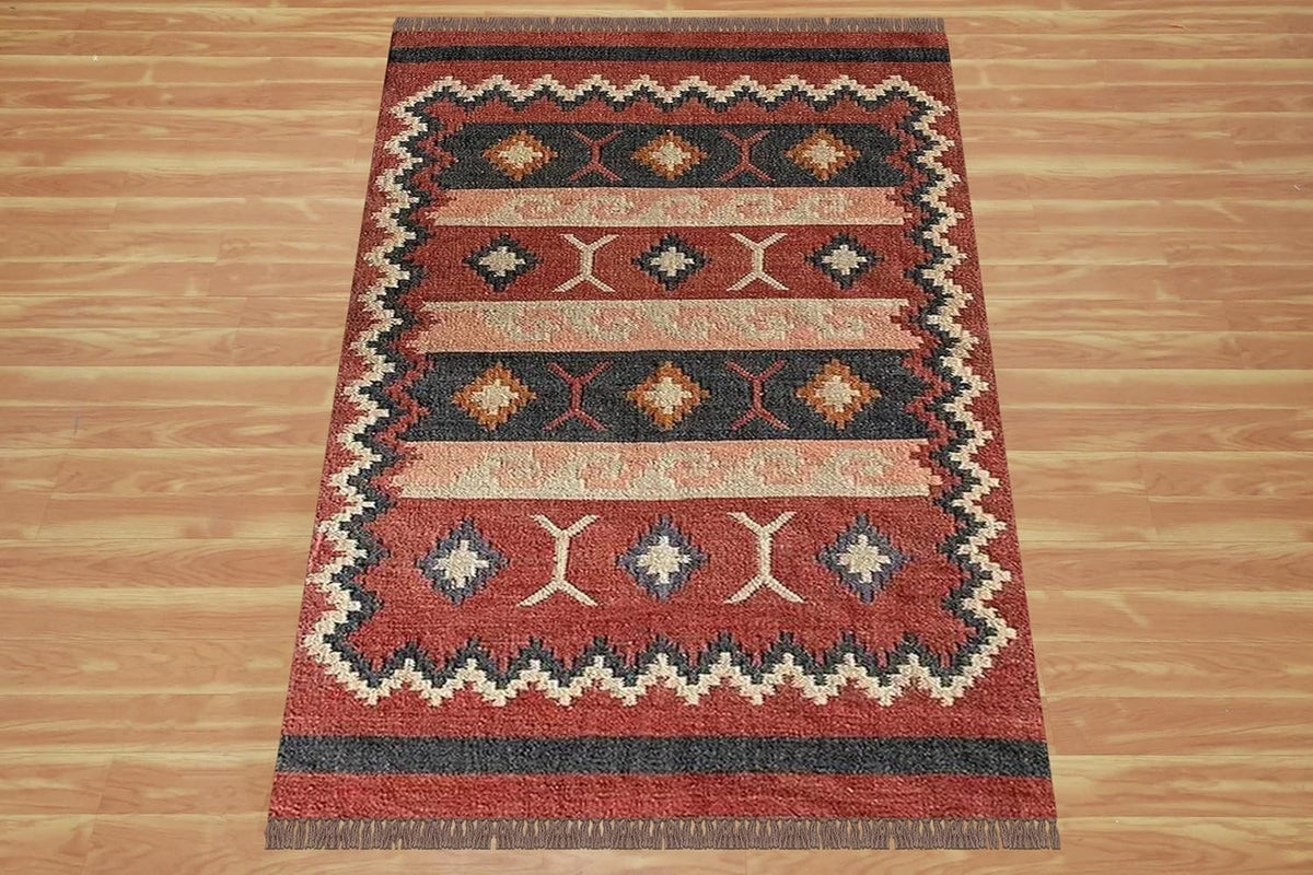 Handmade Kilim Rectangle Boho Mats Wool Durable Rustic Look Boho Area Carpet Farmhouse Jute Rug Multicolor