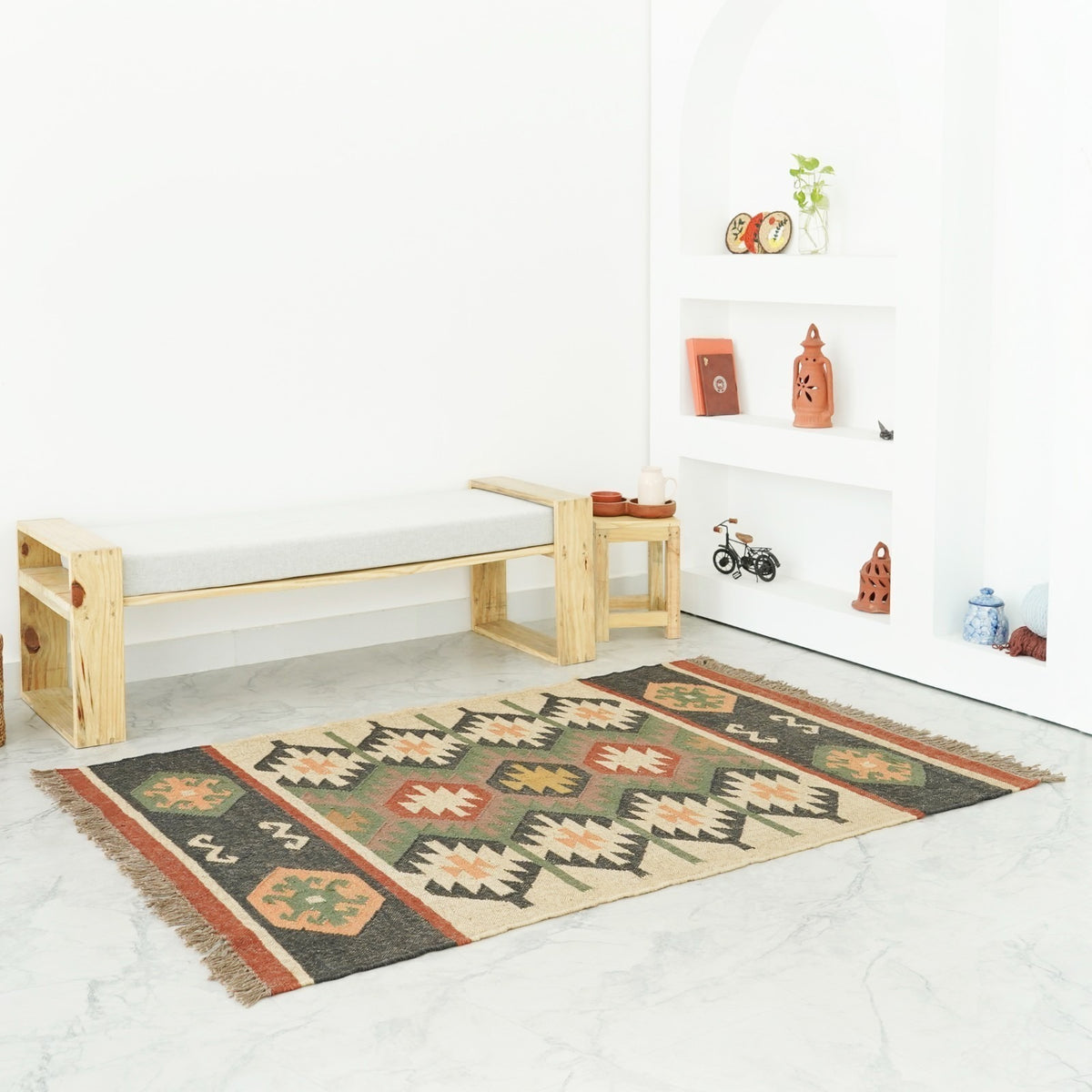 Handmade Kilim Rectangle Boho Mats Wool Durable Rustic Look Boho Area Carpet Farmhouse Jute Rug