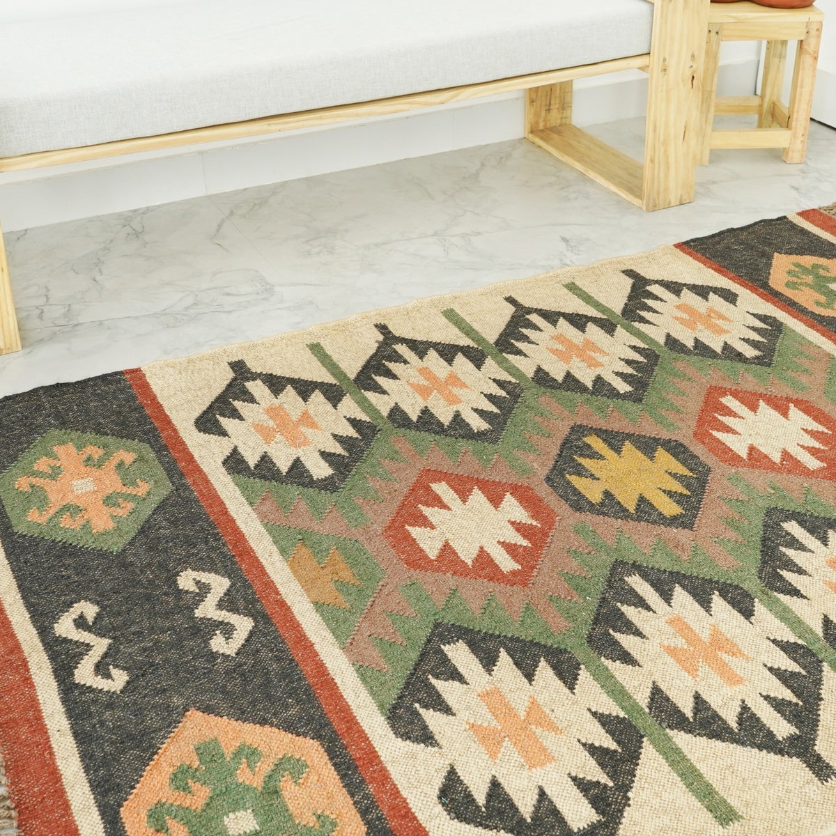 Handmade Kilim Rectangle Boho Mats Wool Durable Rustic Look Boho Area Carpet Farmhouse Jute Rug