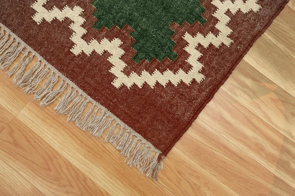 Handmade Kilim Rectangle Boho Mats Wool Durable Rustic Look Boho Area Carpet Farmhouse Jute Rug (Green & Brown)