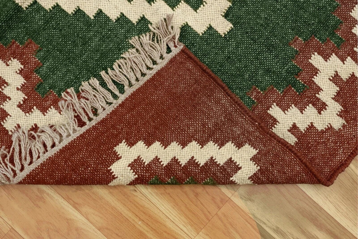 Handmade Kilim Rectangle Boho Mats Wool Durable Rustic Look Boho Area Carpet Farmhouse Jute Rug (Green & Brown)