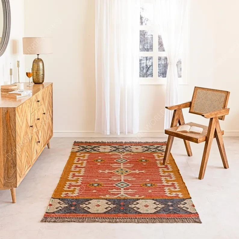 Handmade Kilim Rectangle Boho Mats Wool Durable Rustic Look Boho Area Carpet Farmhouse Jute Rug (Orange,Black, Yellow)