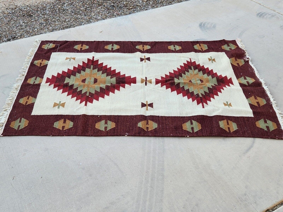 Handmade Kilim Rectangle Boho Mats Wool Durable Rustic Look Boho Area Carpet Farmhouse Jute Rug (Brown & Beige)