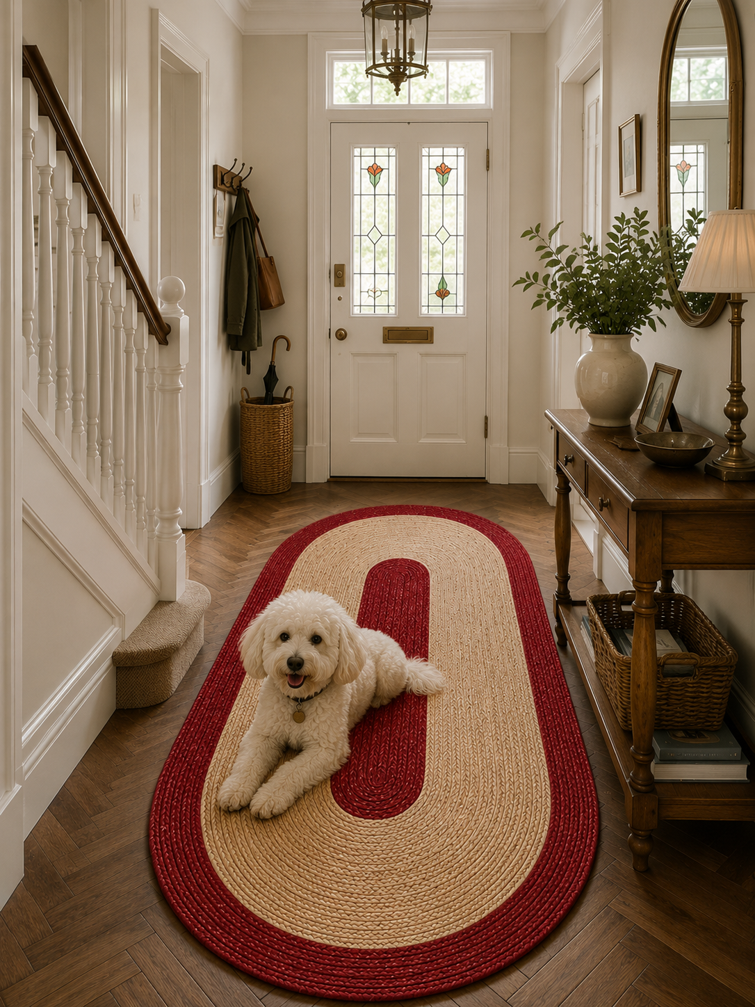 Natural Farmhouse Boho Oval Handwoven Jute Area Rug for Living Room, Bedroom & Entryway Rustic Indoor Floor Carpet (Red Border)