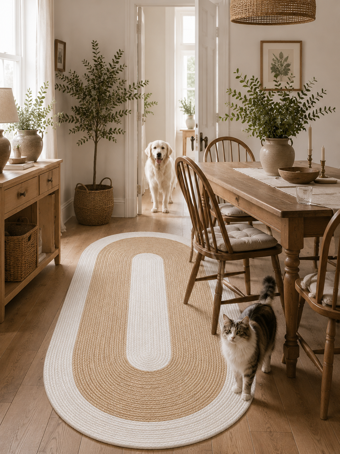 Natural Farmhouse Boho Oval Handwoven Jute Area Rug for Living Room, Bedroom & Entryway Rustic Indoor Floor Carpet (White Border)