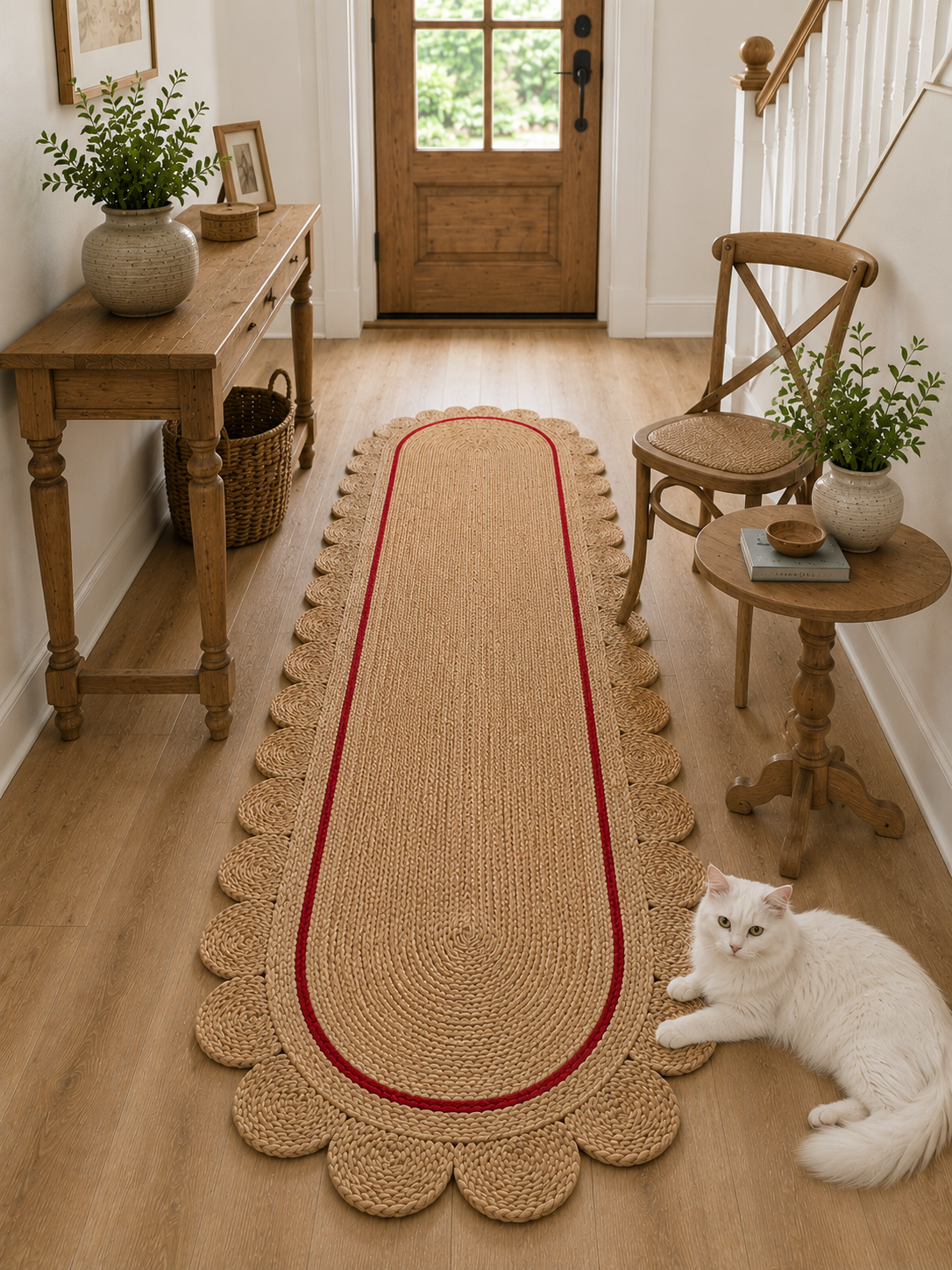 Oval Handwoven Jute Area Rug Natural Farmhouse Boho Rug for Living Room, Bedroom & Entryway Rustic Indoor Floor Scallop Carpet (Red Border)