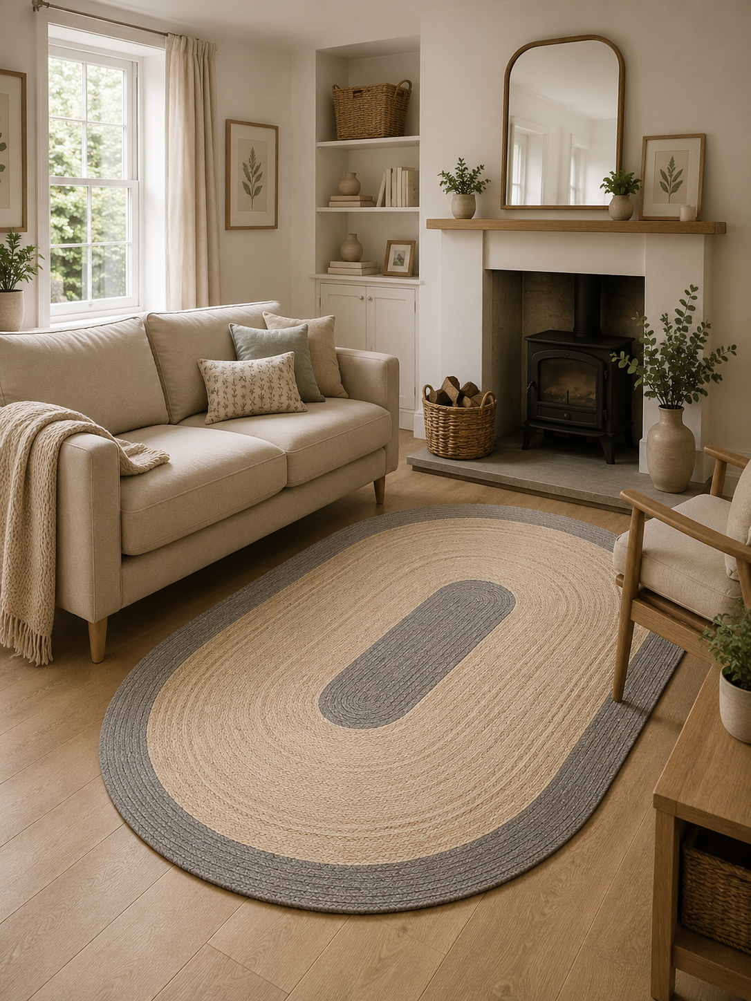 Natural Farmhouse Boho Oval Handwoven Jute Area Rug for Living Room, Bedroom & Entryway Rustic Indoor Floor Carpet (Grey Border)