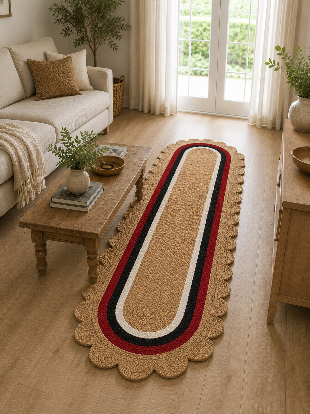 Oval Handwoven Jute Area Rug Natural Farmhouse Boho Rug for Living Room, Bedroom & Entryway Rustic Indoor Floor Scallop Carpet (Red.Black.White Border)