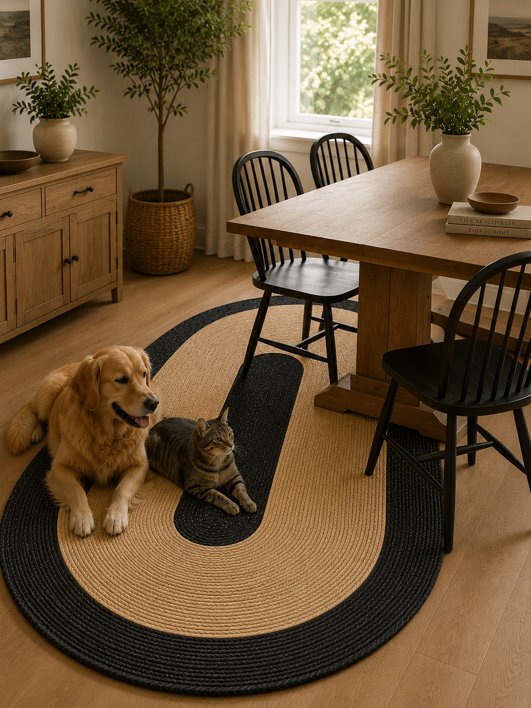 Natural Farmhouse Boho Oval Handwoven Jute Area Rug for Living Room, Bedroom & Entryway Rustic Indoor Floor Carpet (Black Border)