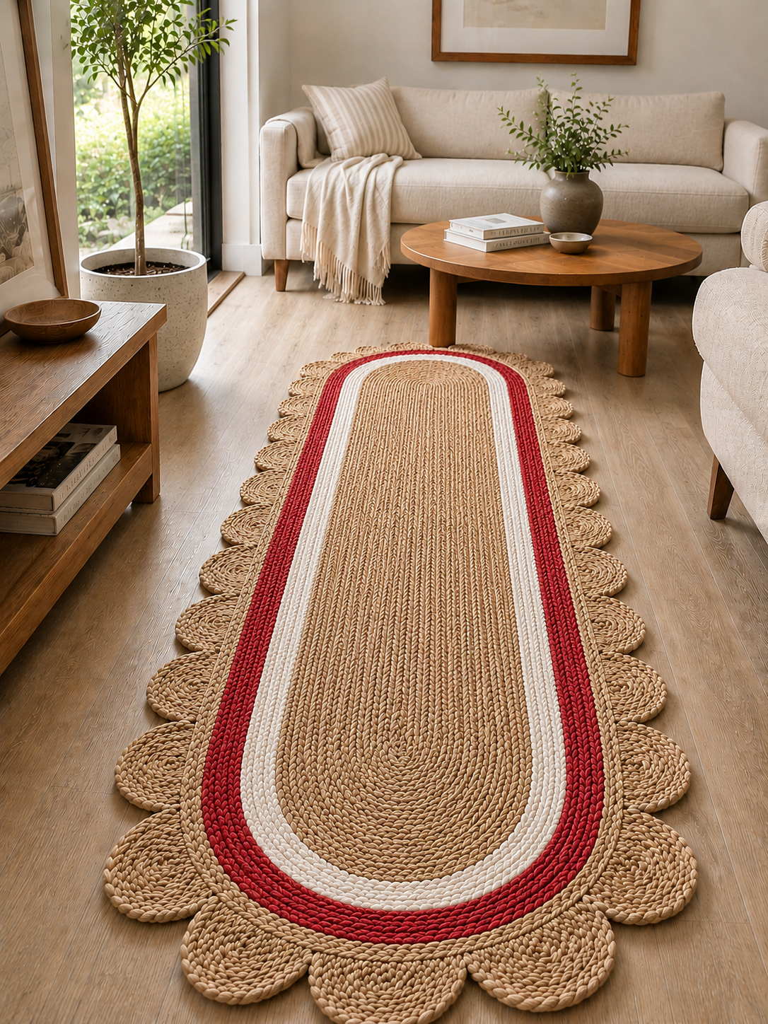 Oval Handwoven Jute Area Rug Natural Farmhouse Boho Rug for Living Room, Bedroom & Entryway Rustic Indoor Floor Scallop Carpet (Red.White Border)