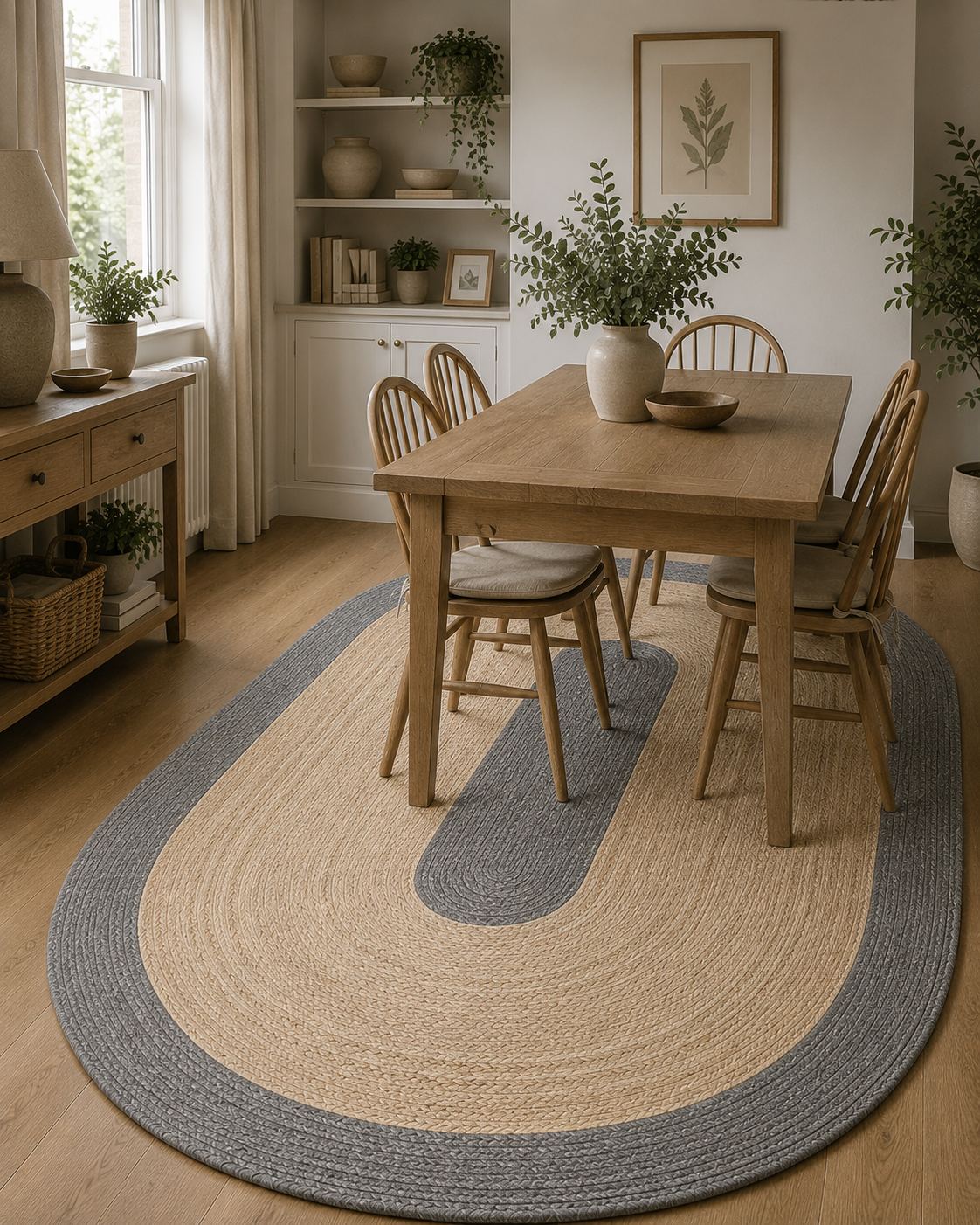 Natural Farmhouse Boho Oval Handwoven Jute Area Rug for Living Room, Bedroom & Entryway Rustic Indoor Floor Carpet (Grey Border)