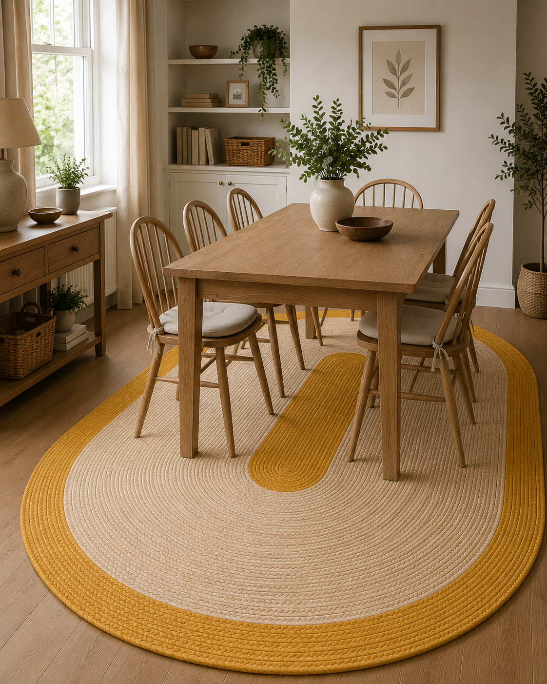 Natural Farmhouse Boho Oval Handwoven Jute Area Rug for Living Room, Bedroom & Entryway Rustic Indoor Floor Carpet (Yellow Border)