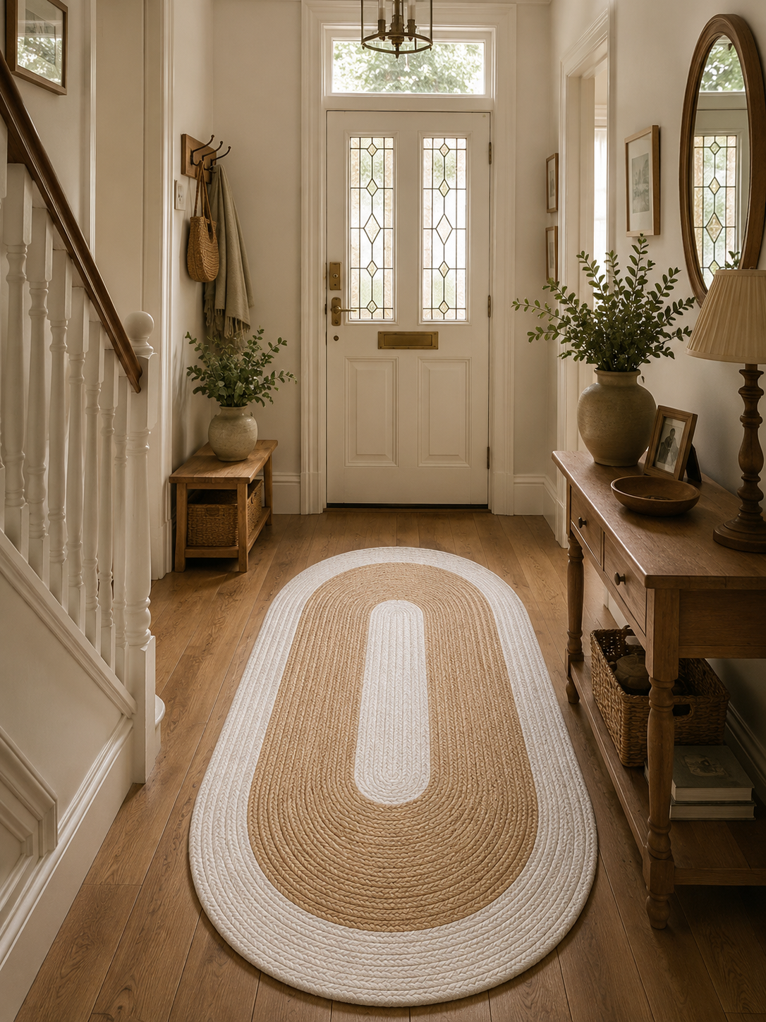 Natural Farmhouse Boho Oval Handwoven Jute Area Rug for Living Room, Bedroom & Entryway Rustic Indoor Floor Carpet (White Border)