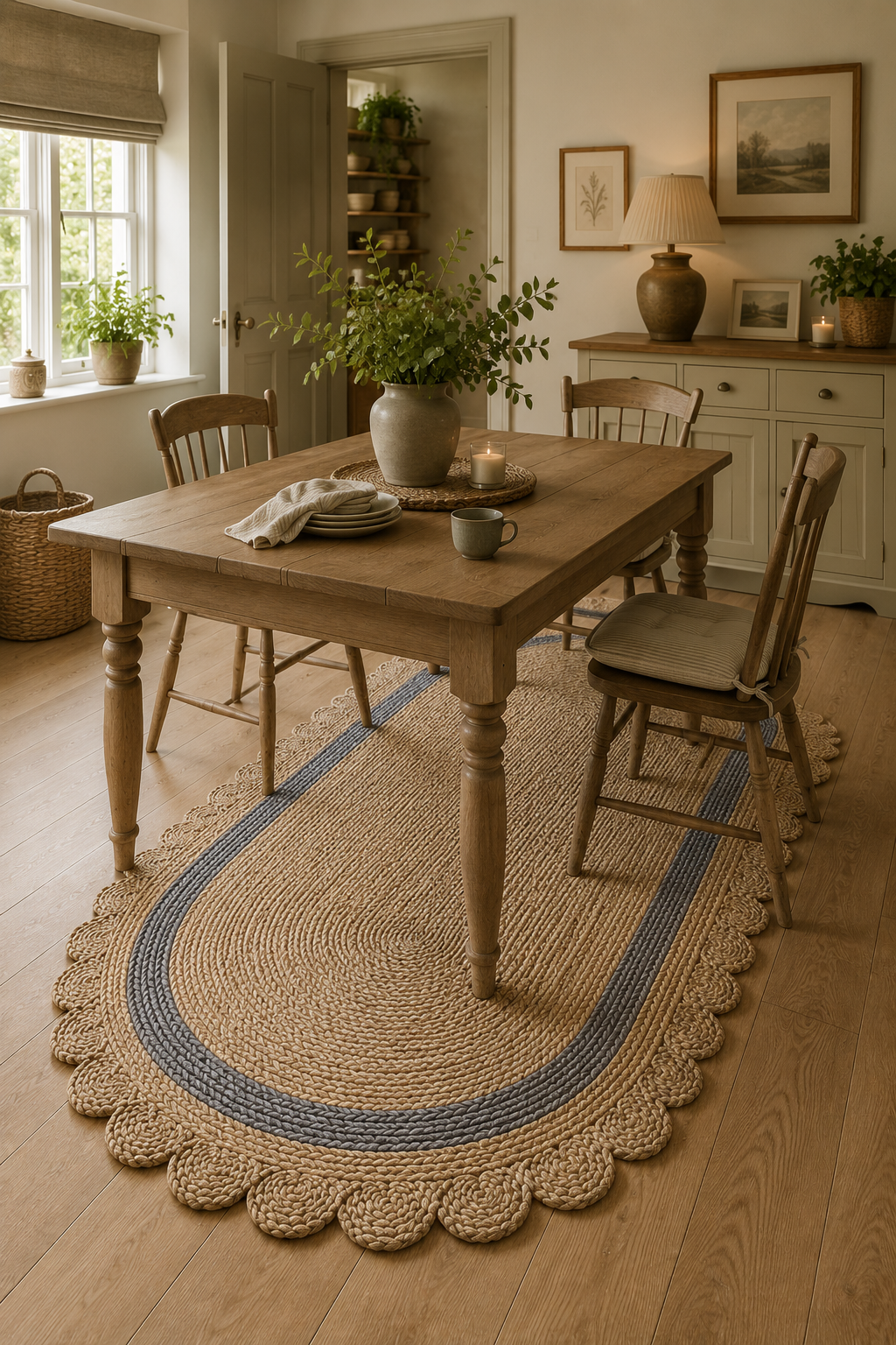 Oval Handwoven Jute Area Rug Natural Farmhouse Boho Rug for Living Room, Bedroom & Entryway Rustic Indoor Floor Scallop Carpet (Grey Border)