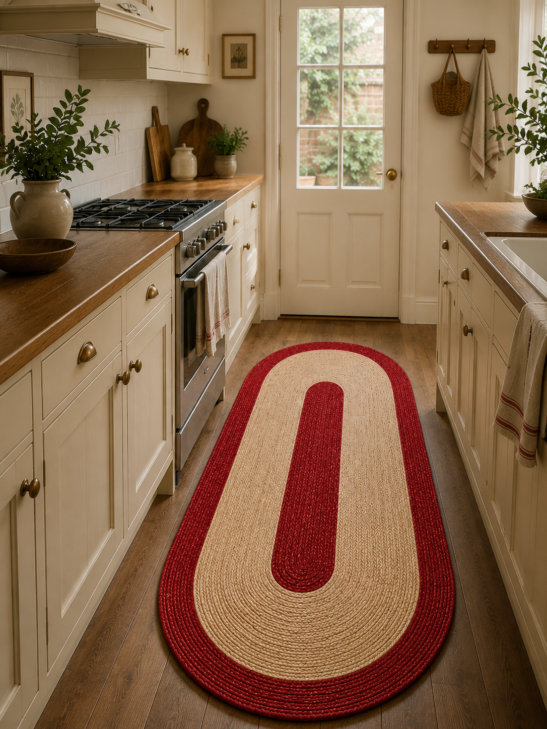 Natural Farmhouse Boho Oval Handwoven Jute Area Rug for Living Room, Bedroom & Entryway Rustic Indoor Floor Carpet (Red Border)