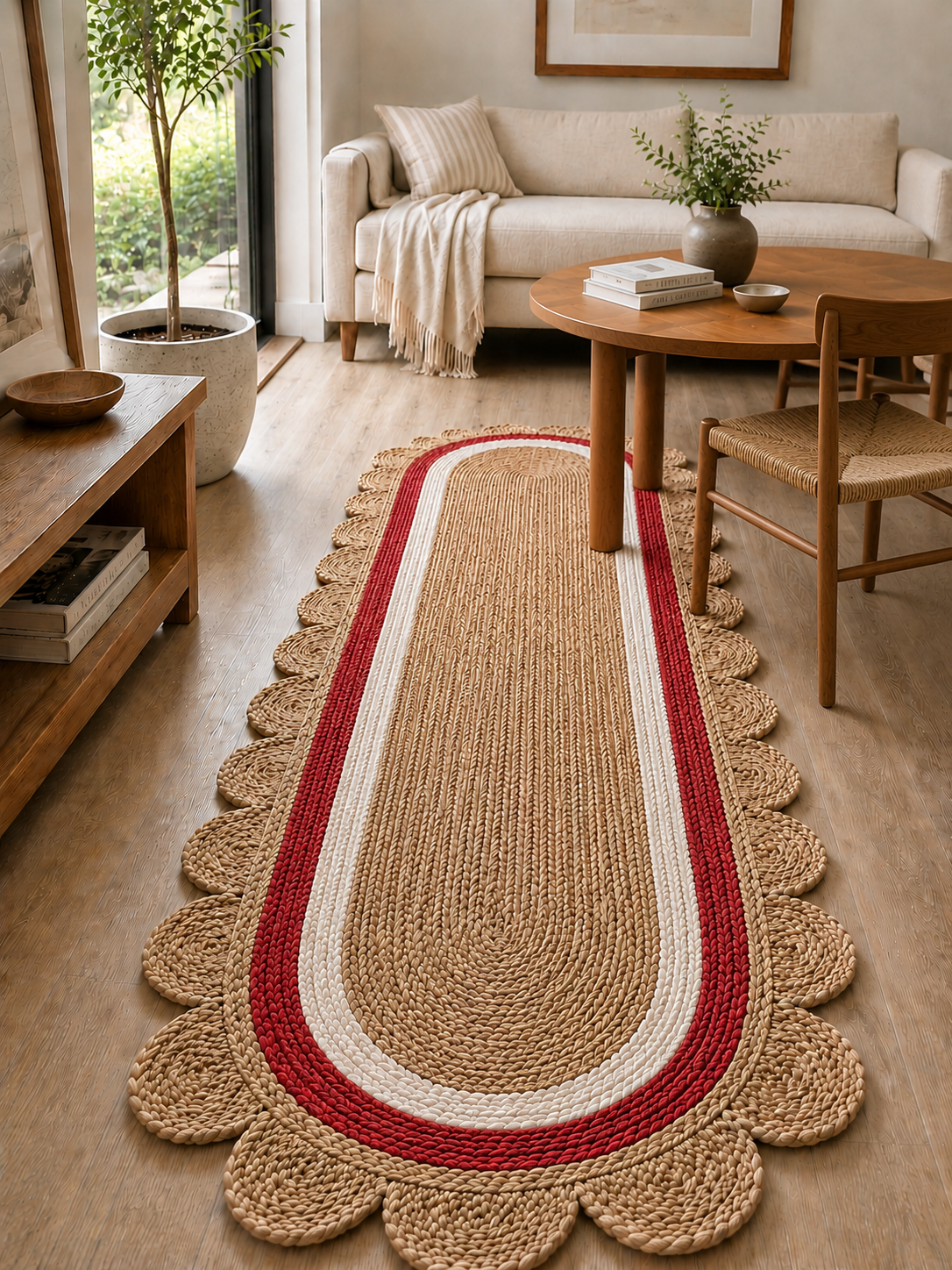 Oval Handwoven Jute Area Rug Natural Farmhouse Boho Rug for Living Room, Bedroom & Entryway Rustic Indoor Floor Scallop Carpet (Red.White Border)
