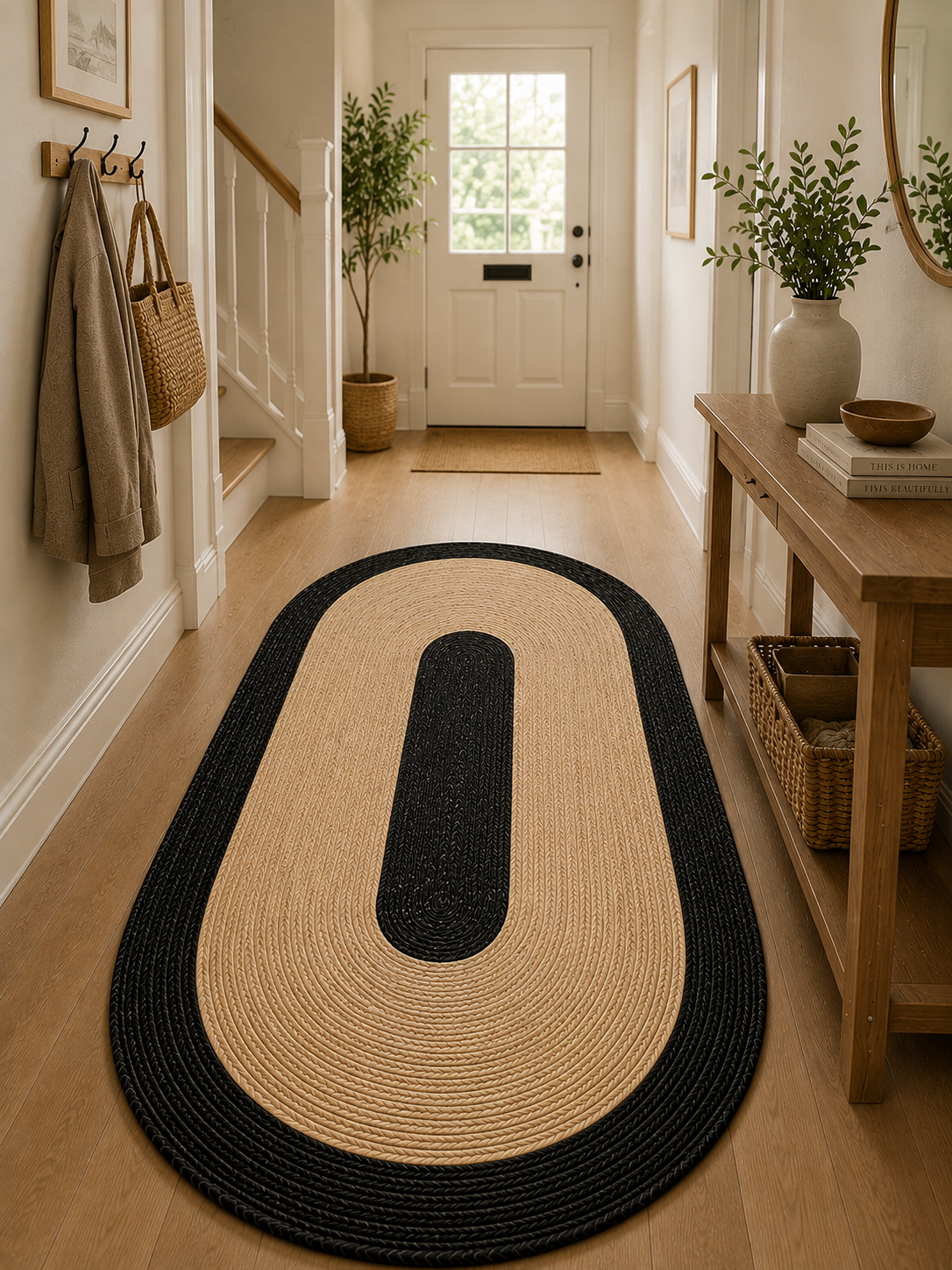Natural Farmhouse Boho Oval Handwoven Jute Area Rug for Living Room, Bedroom & Entryway Rustic Indoor Floor Carpet (Black Border)