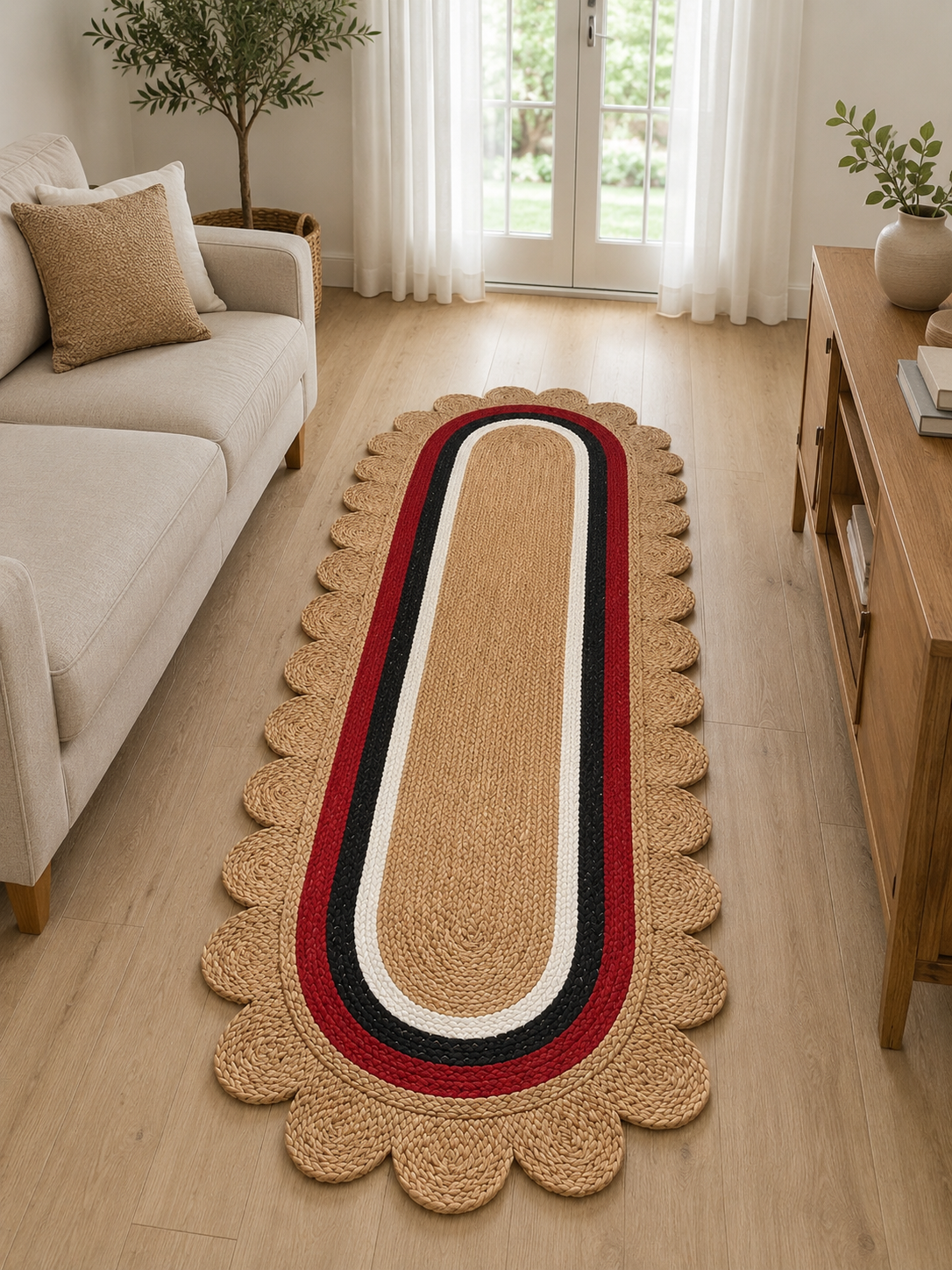 Oval Handwoven Jute Area Rug Natural Farmhouse Boho Rug for Living Room, Bedroom & Entryway Rustic Indoor Floor Scallop Carpet (Red.Black.White Border)