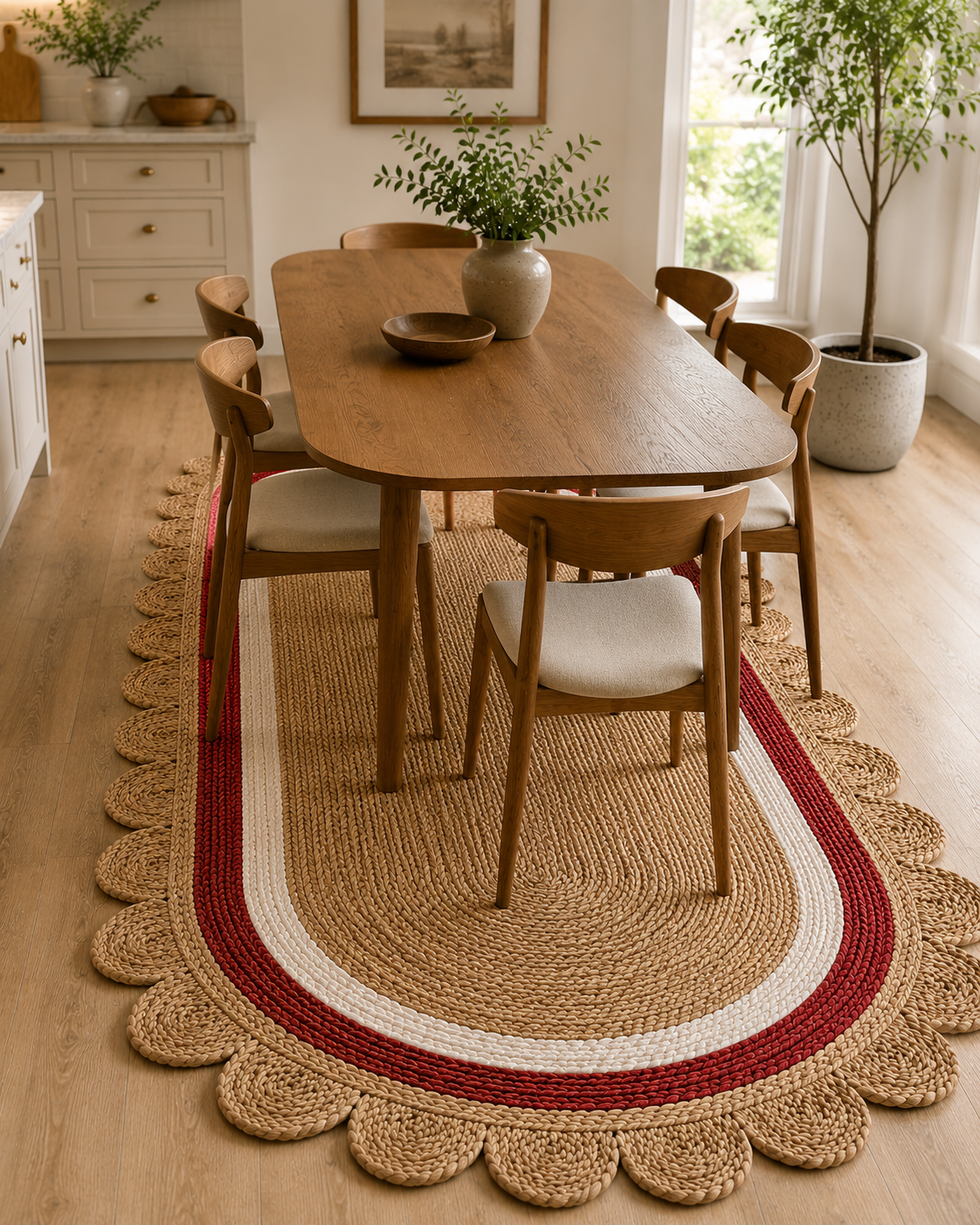 Oval Handwoven Jute Area Rug Natural Farmhouse Boho Rug for Living Room, Bedroom & Entryway Rustic Indoor Floor Scallop Carpet (Red.White Border)