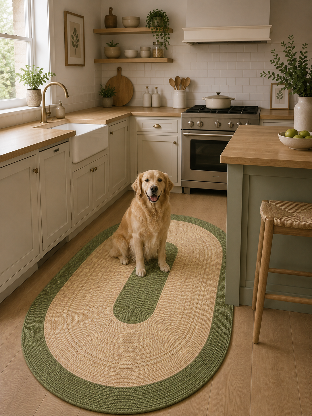 Natural Farmhouse Boho Oval Handwoven Jute Area Rug for Living Room, Bedroom & Entryway Rustic Indoor Floor Carpet (Green Border)