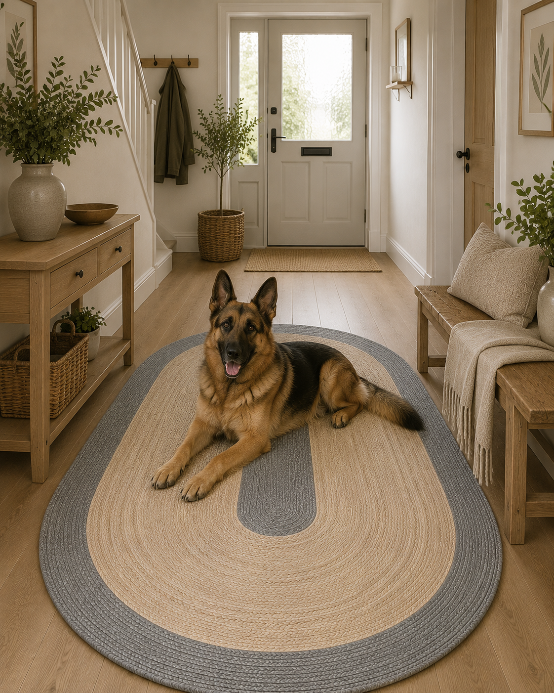 Natural Farmhouse Boho Oval Handwoven Jute Area Rug for Living Room, Bedroom & Entryway Rustic Indoor Floor Carpet (Grey Border)