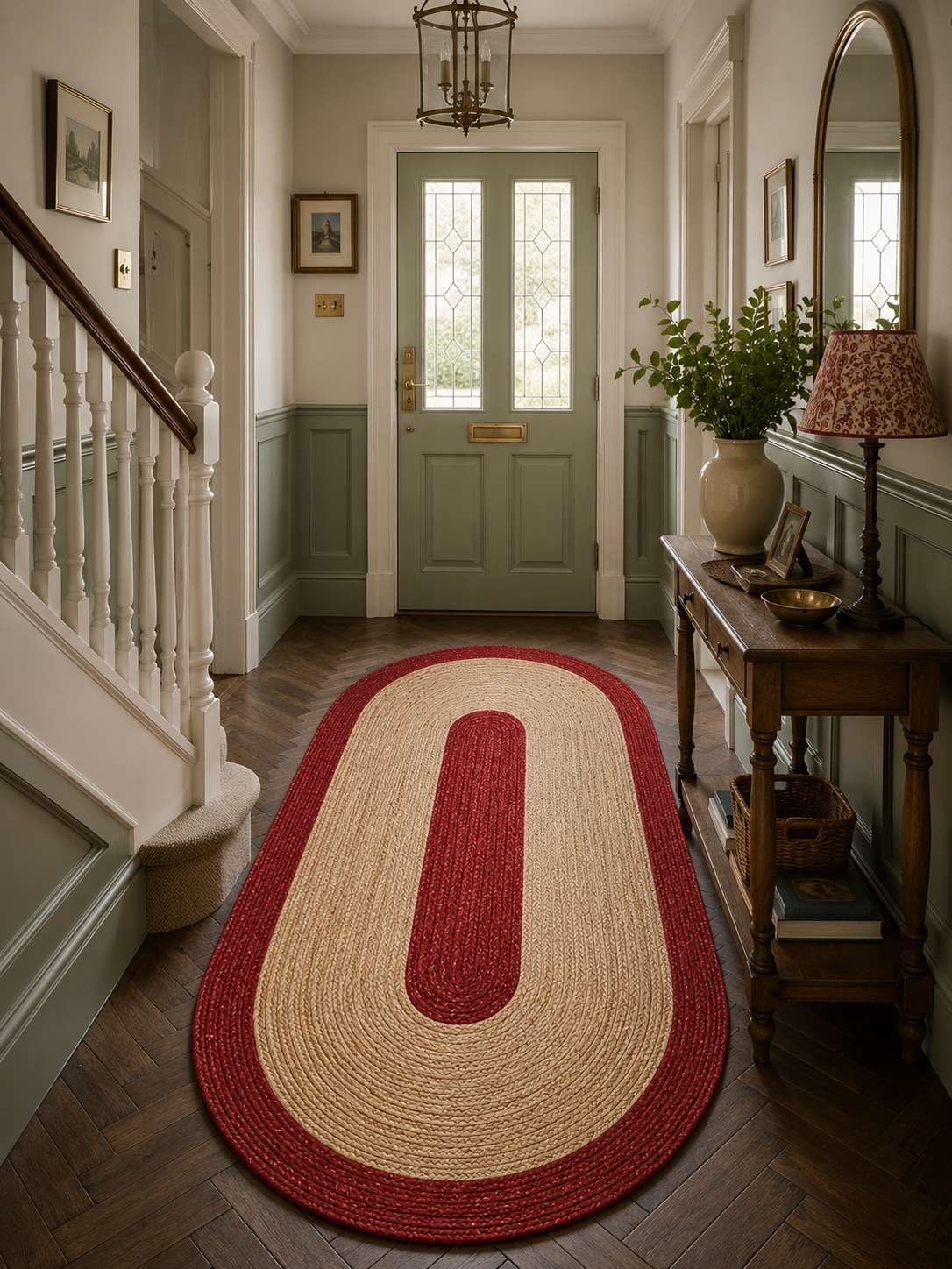 Natural Farmhouse Boho Oval Handwoven Jute Area Rug for Living Room, Bedroom & Entryway Rustic Indoor Floor Carpet (Red Border)