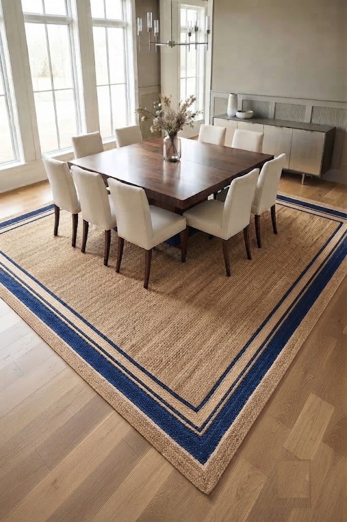 Natural Handwoven Jute Area Rug Natural Farmhouse Boho Rug for Living Room, Bedroom & Entryway Rustic Indoor Floor Mat-Blue Border