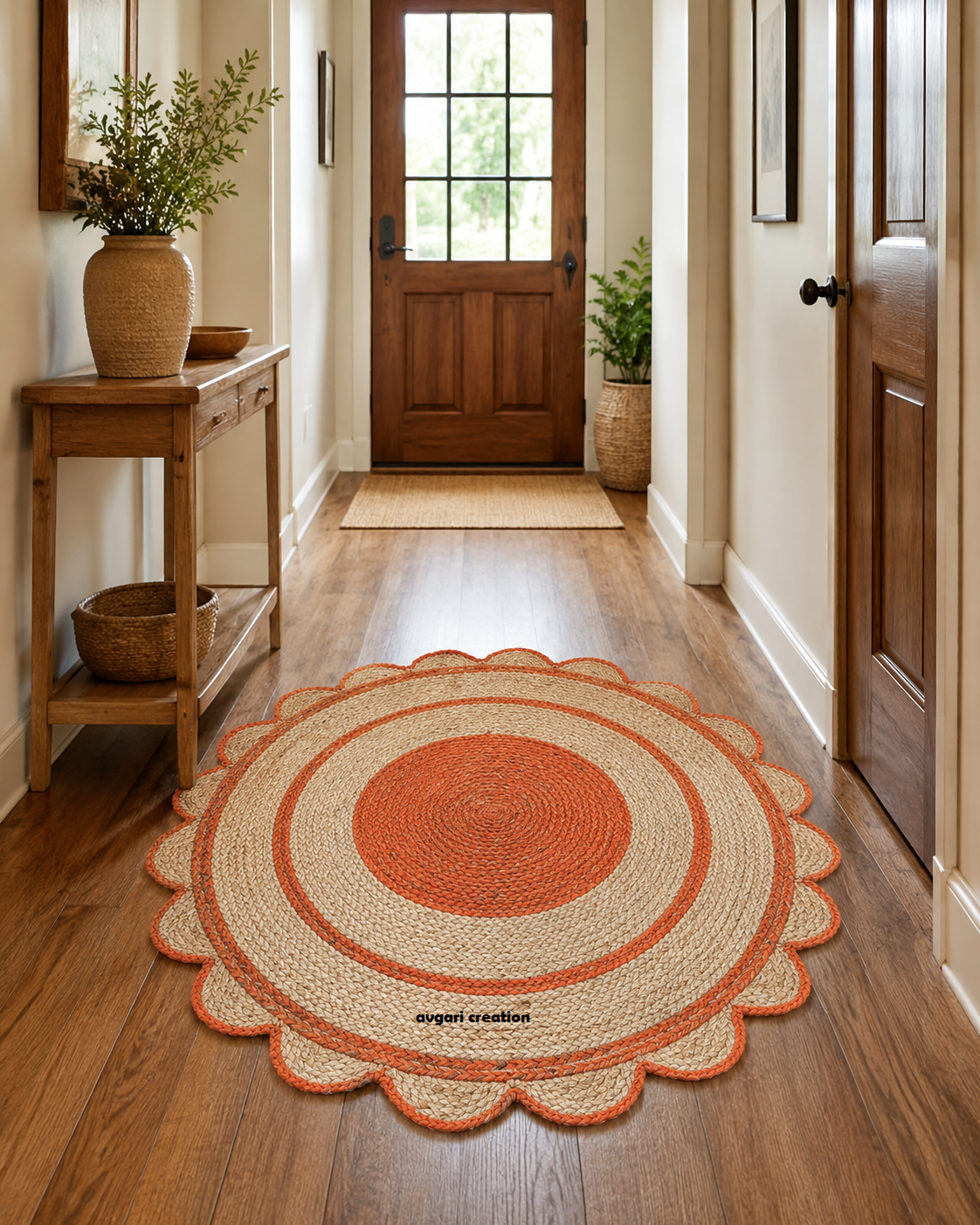 Round Shape Area Rug 100% Hand Braided Rustic Look Carpet for Home Decor Farmhouse Boho Scallop Rugs (Orange Border)