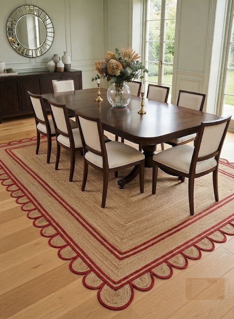 Handwoven Jute Area Rug Natural Farmhouse Boho Rug for Living Room, Bedroom & Entryway Rustic Indoor Floor Scallop Carpet (Red Border)