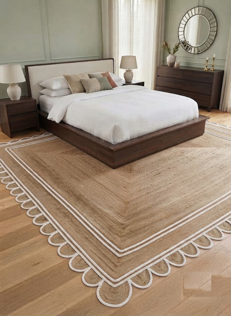 Handwoven Jute Area Rug Natural Farmhouse Boho Rug for Living Room, Bedroom & Entryway Rustic Indoor Floor Scallop Carpet (White Border)