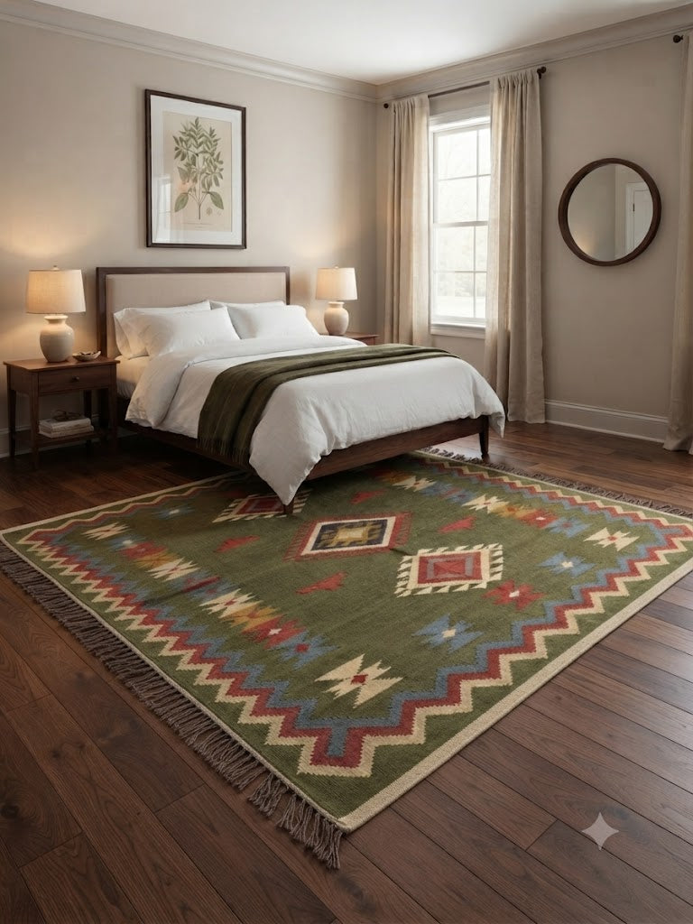 Handmade Carpet Rectangle Elegant Wool Jute Rug -Rustic Look Hand Woven Kilim Rug for Living Room, Hallway, Bedroom - Green