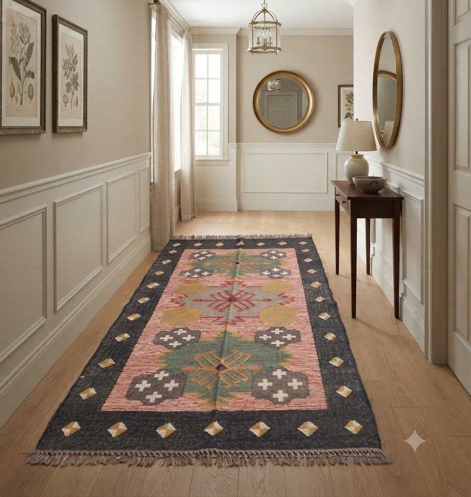 Handmade Kilim Wool Jute Rug - Durable Rustic Look Rectangle Area Carpet Black
