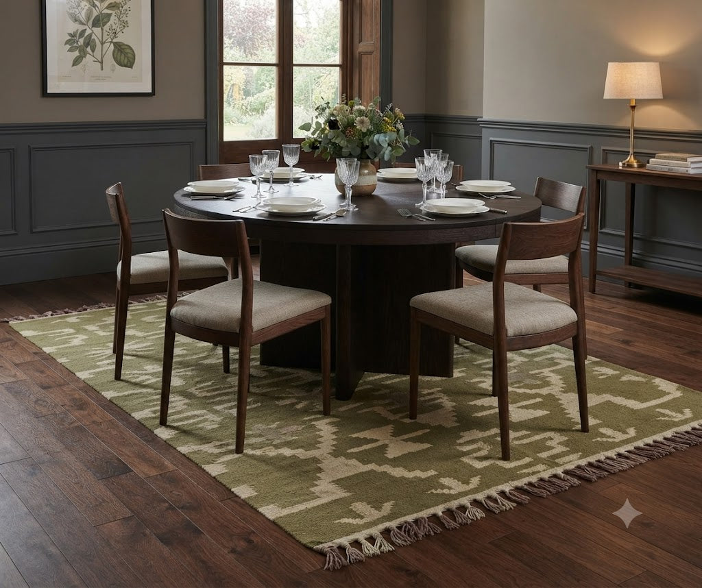 Rectangle Kilim Wool Jute Rug - Durable Handmade  Rustic Look Farmhouse Boho Area Carpet-Green & Beige