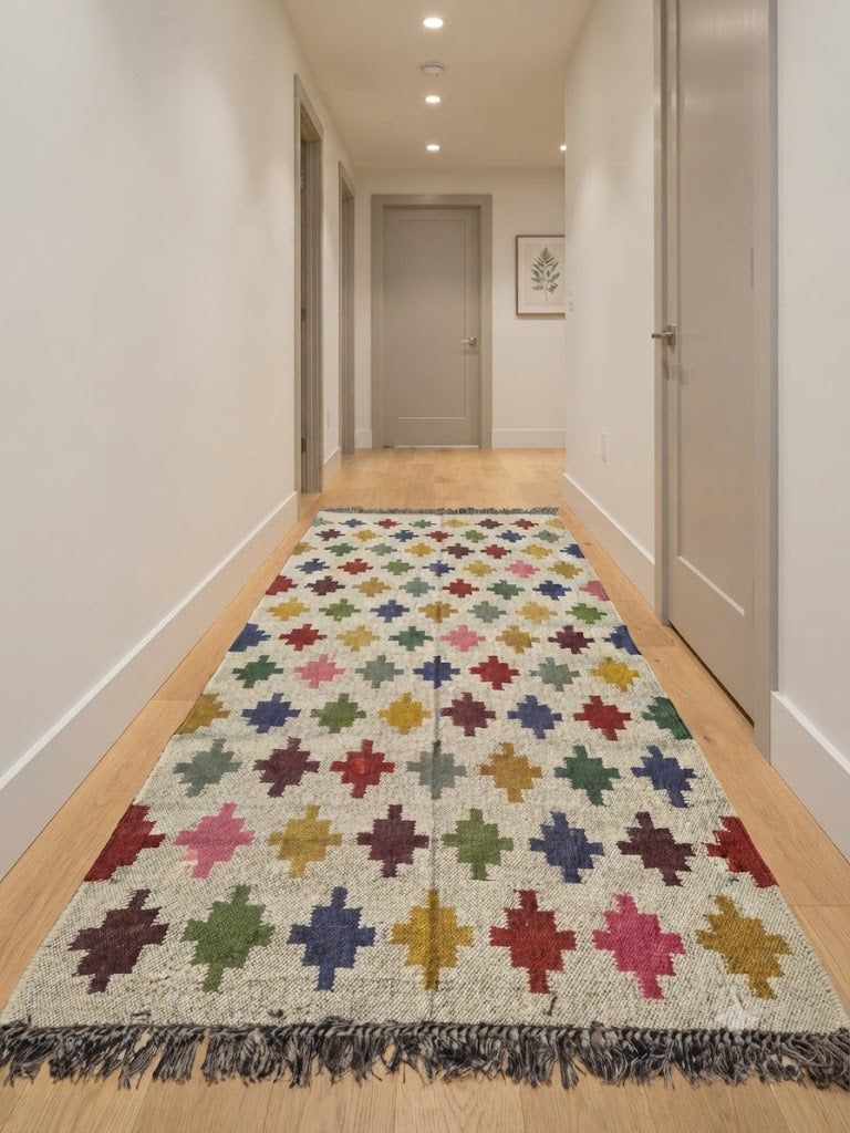 Rectangle Handmade Kilim Wool Jute Rug - Farmhouse Boho Area Carpet-Multicolor Durable Rustic Look Mats
