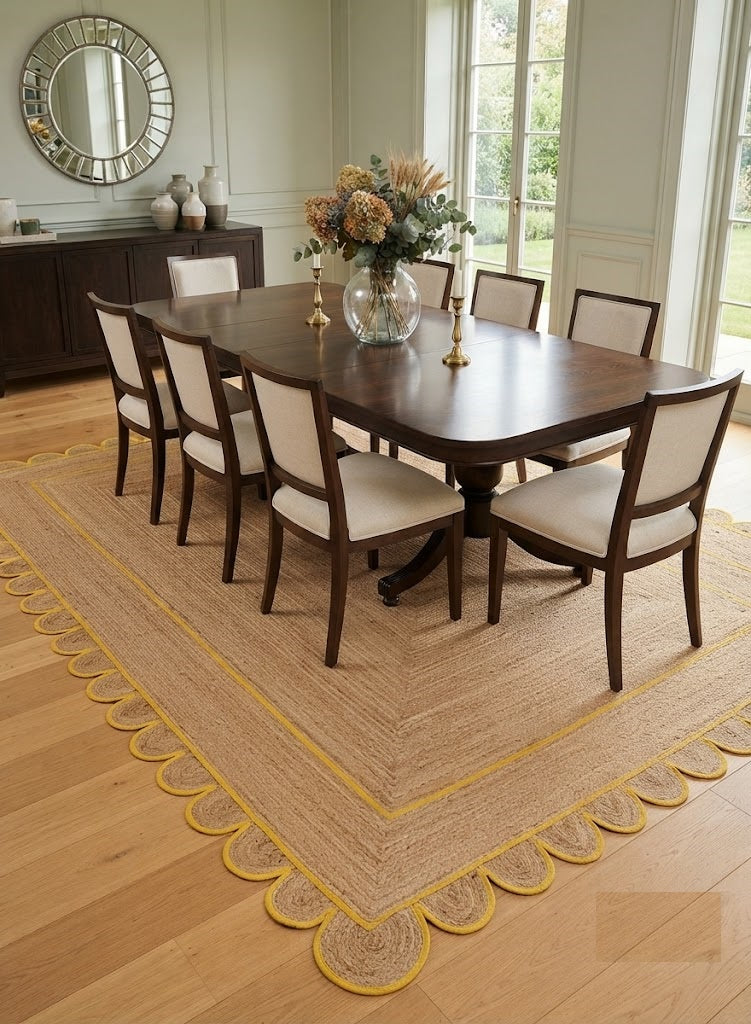 Handwoven Jute Area Rug Natural Farmhouse Boho Rug for Living Room, Bedroom & Entryway Rustic Indoor Floor Scallop Carpet (Yellow Border)
