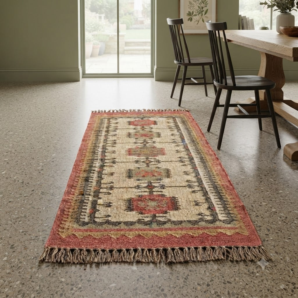 Rectangle Kilim Wool Jute Rug - Durable Handmade  Rustic Look Farmhouse Boho Area Carpet-MultiColor