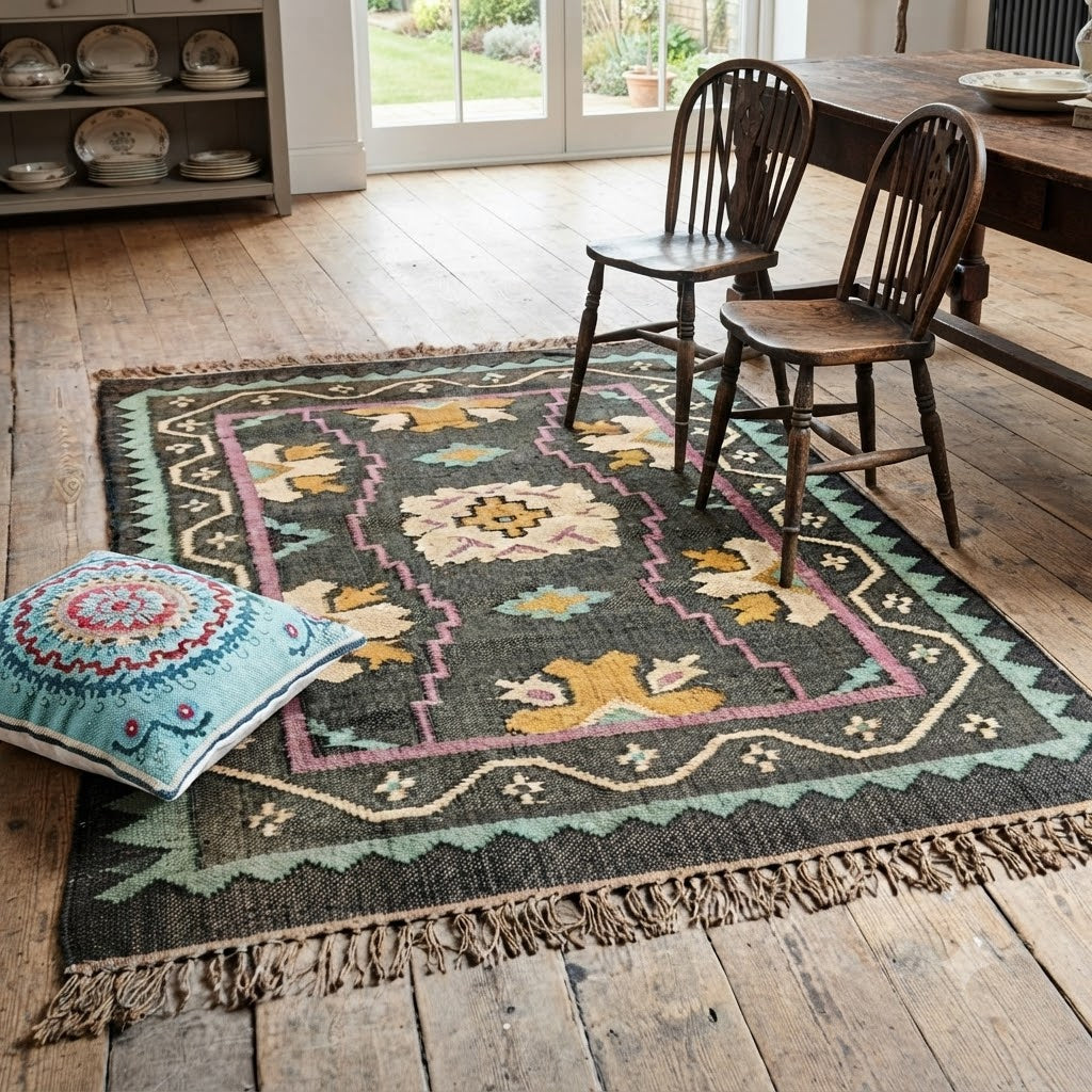 Rectangle Kilim Wool Jute Rug - Durable Handmade  Rustic Look Farmhouse Boho Area Carpet-Black