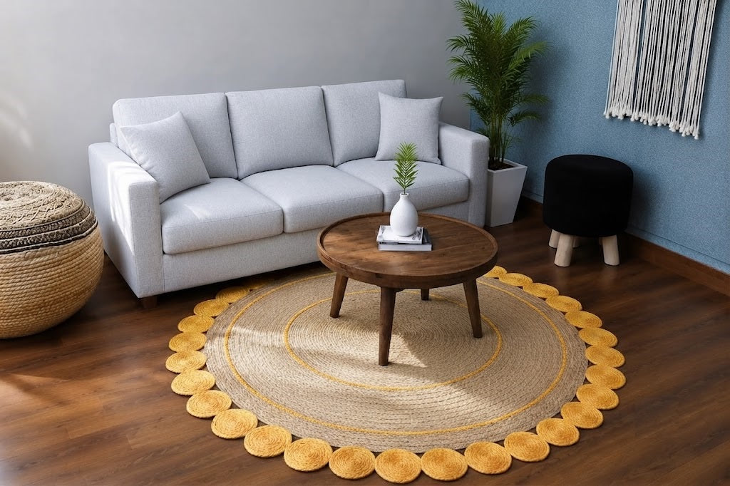 Round Shape Area Rug 100% Hand Braided Rustic Look Carpet for Home Decor Farmhouse Boho Rugs (Beige & Yellow)