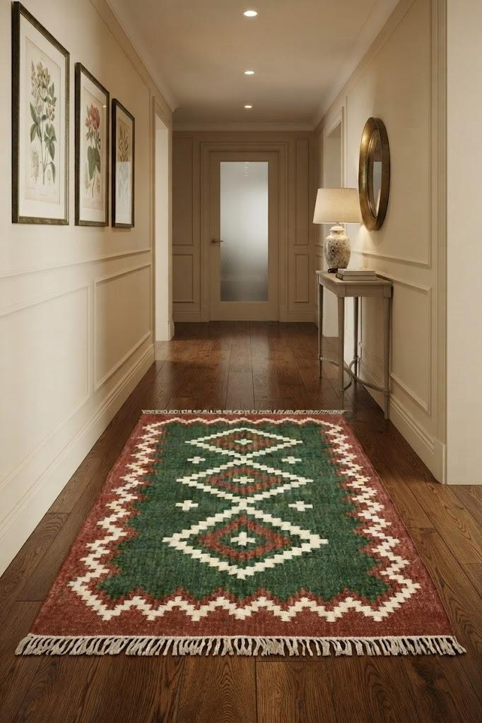 Wool Area Rugs Kilim Home Decor Rug – Handwoven Wool & Jute Flatweave – Indoor/Outdoor Rug for Living Room, Bedroom, Dining, High-Traffic Areas, Lake House Decor