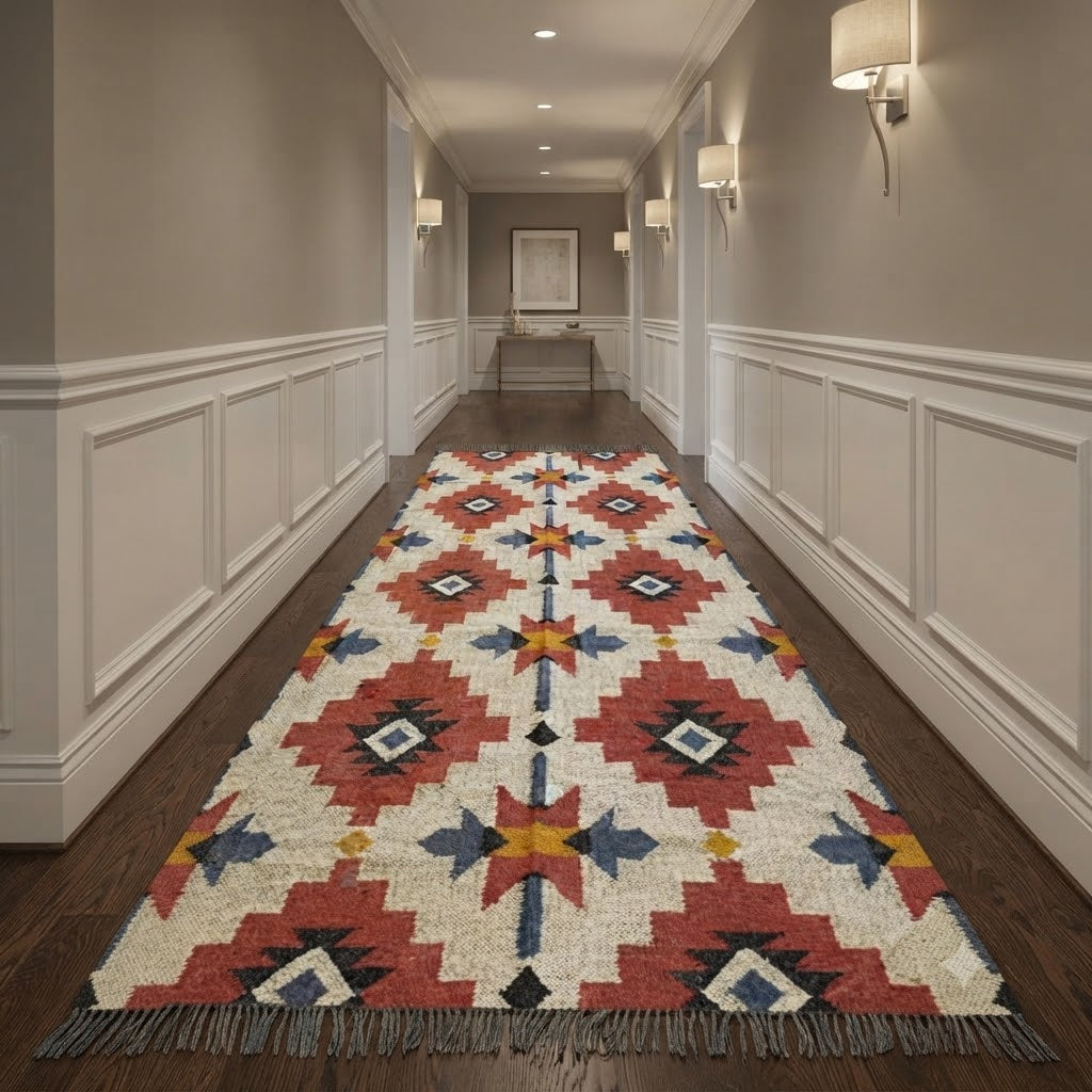 Rectangle Kilim Area Rug – Handwoven Wool & Jute Flatweave – Indoor/Outdoor Rug for Living Room, Bedroom, Dining, High-Traffic Areas, Lake House Decor- Beige & Red