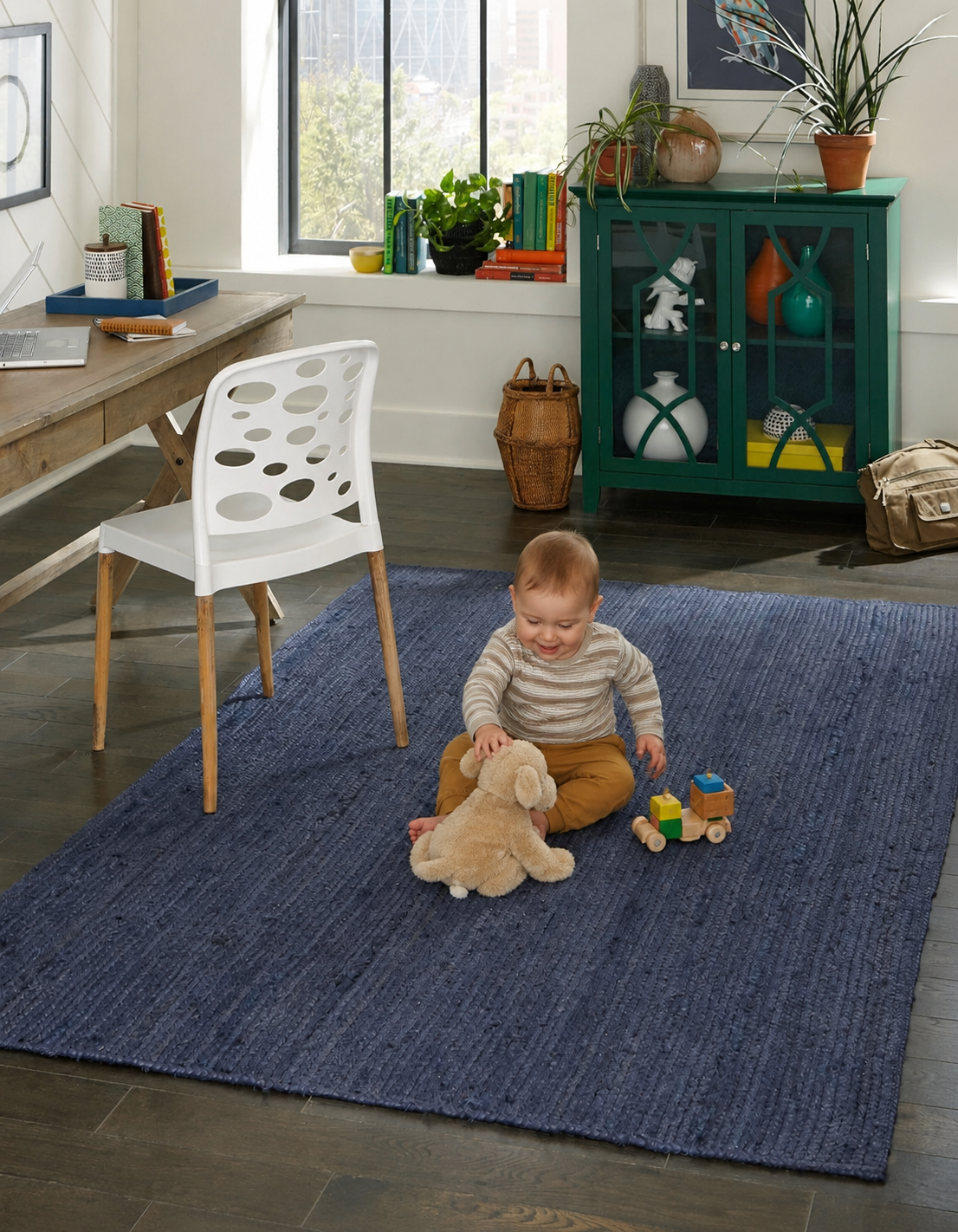 Natural Handwoven Jute Area Rug Blue Dye Farmhouse Boho Rug for Living Room, Bedroom & Entryway Rustic Indoor Floor Mat