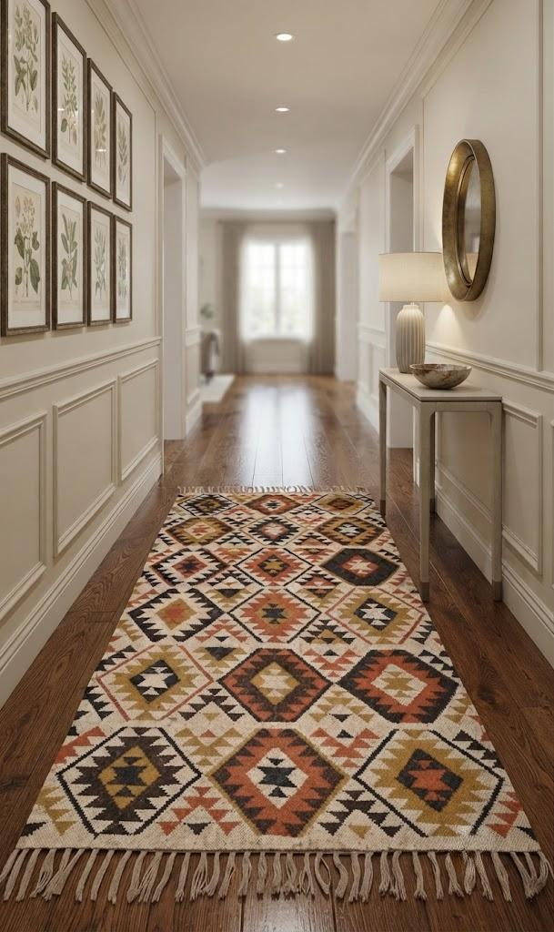 Handmade Wool Jute Kilim Rug – Bohemian Carpet, Natural Fiber Traditional Flatweave Rug for Living Room & Bedroom Recantale Carpet