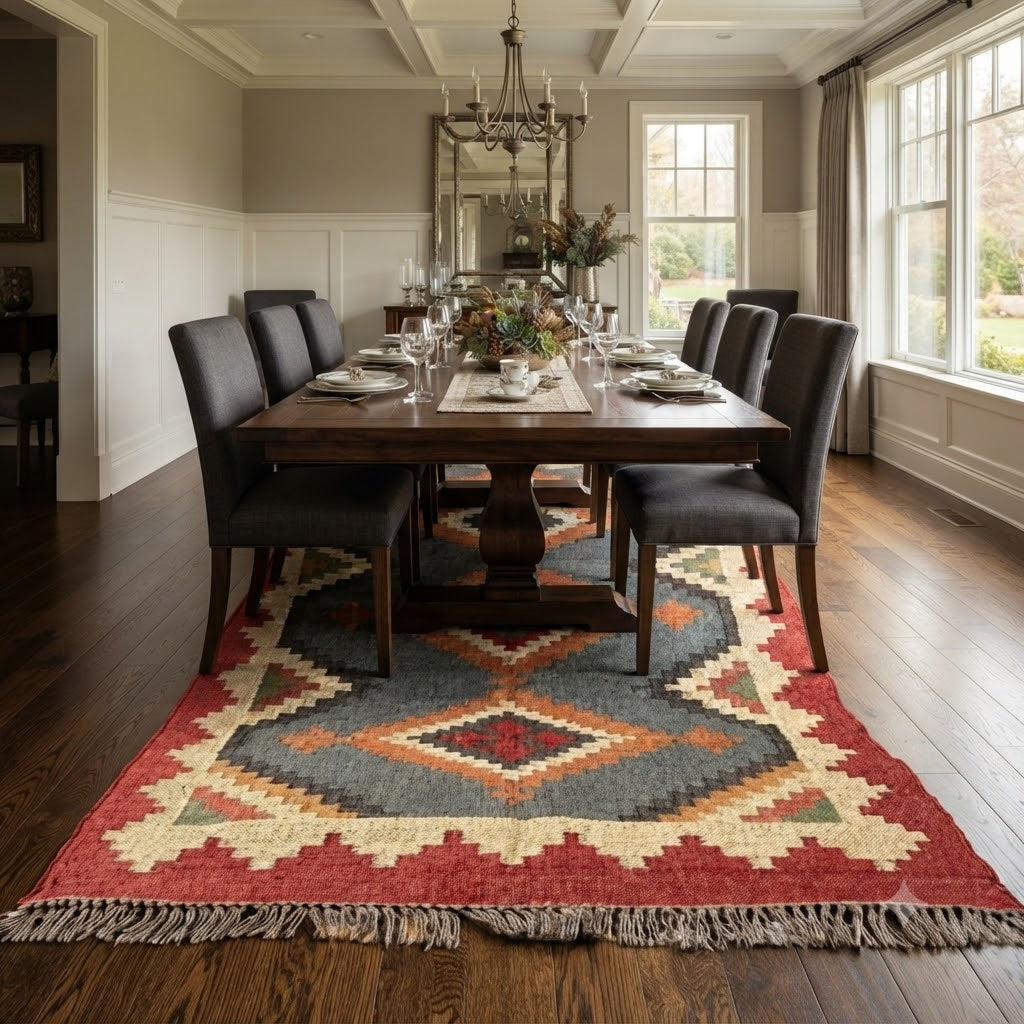 Handmade Rectangle Carpet Elegant Wool Jute Rug -Rustic Look Hand Woven Kilim Rug for Living Room, Hallway, Bedroom -Multicolor