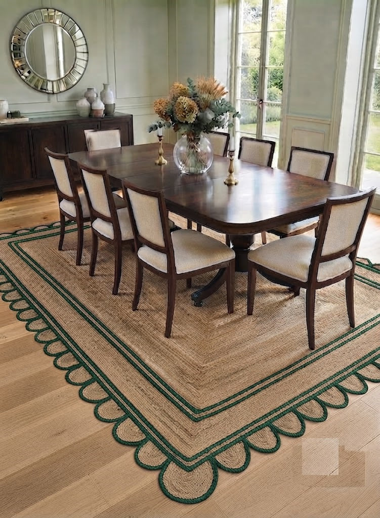 Handwoven Jute Area Rug Natural Farmhouse Boho Rug for Living Room, Bedroom & Entryway Rustic Indoor Floor Scallop Carpet (Green Border)