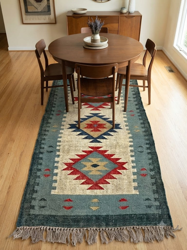 Rectangle Handmade Kilim Wool Jute Rug - Farmhouse Boho Area Carpet-Multicolor Durable Rustic Look Boho Mats