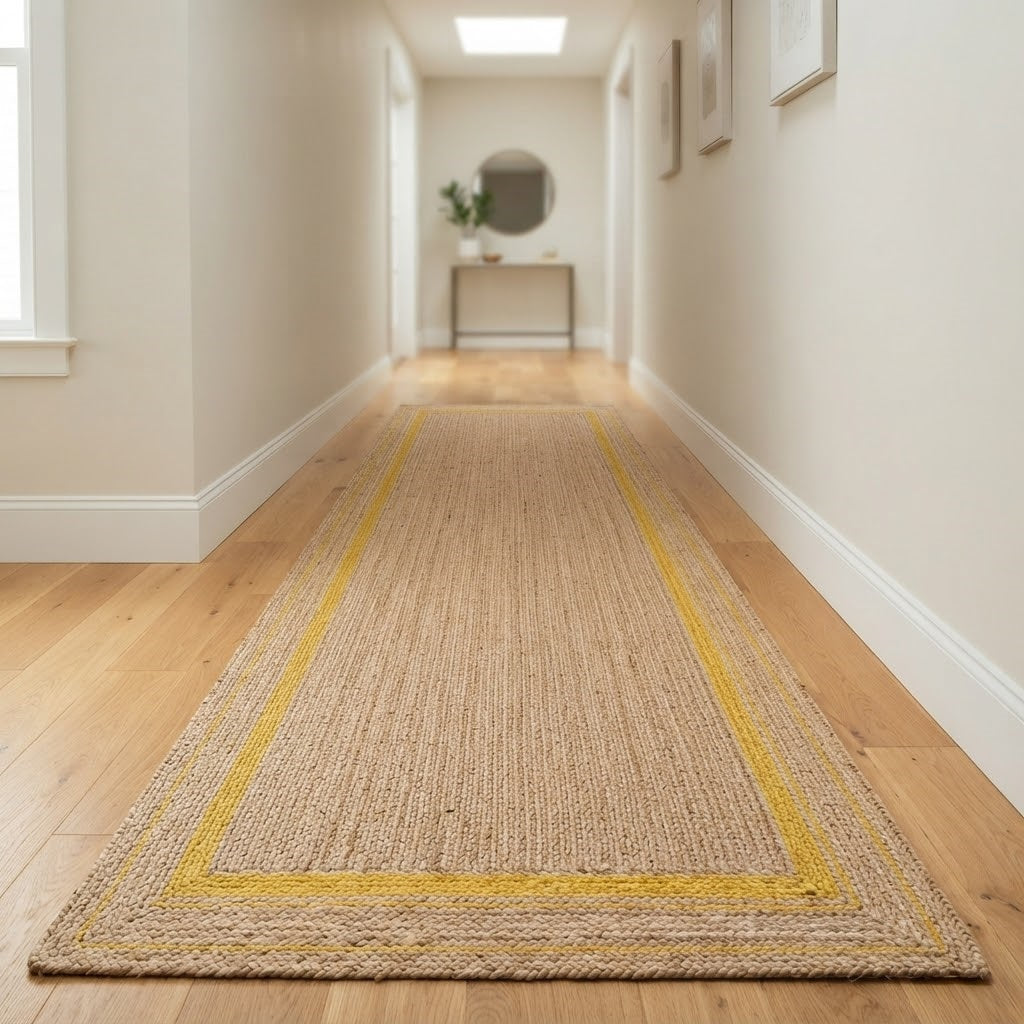 Natural Handwoven Jute Area Rug Natural Farmhouse Boho Rug for Living Room, Bedroom & Entryway Rustic Indoor Floor Mat-Yellow Border