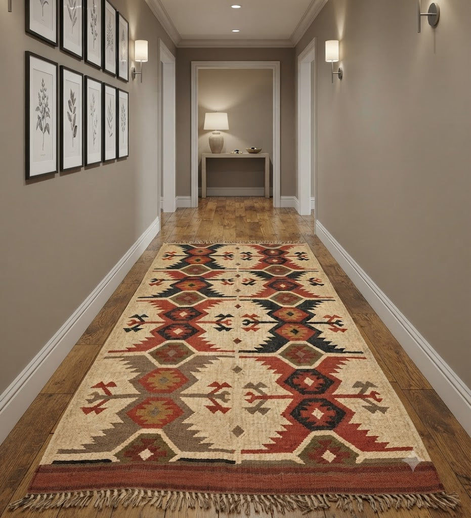 Rectangle Kilim Wool Jute Rug - Durable Handmade  Rustic Look Farmhouse Boho Area Carpet-Beige & Brown