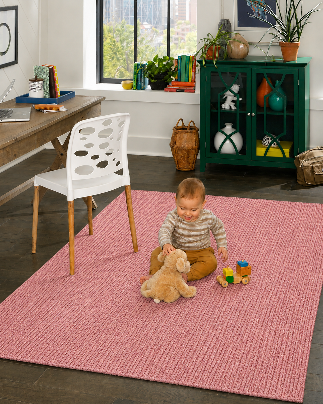 Natural Handwoven Jute Area Rug Natural Pink Dye Farmhouse Boho Rug for Living Room, Bedroom & Entryway Rustic Indoor Floor Mat