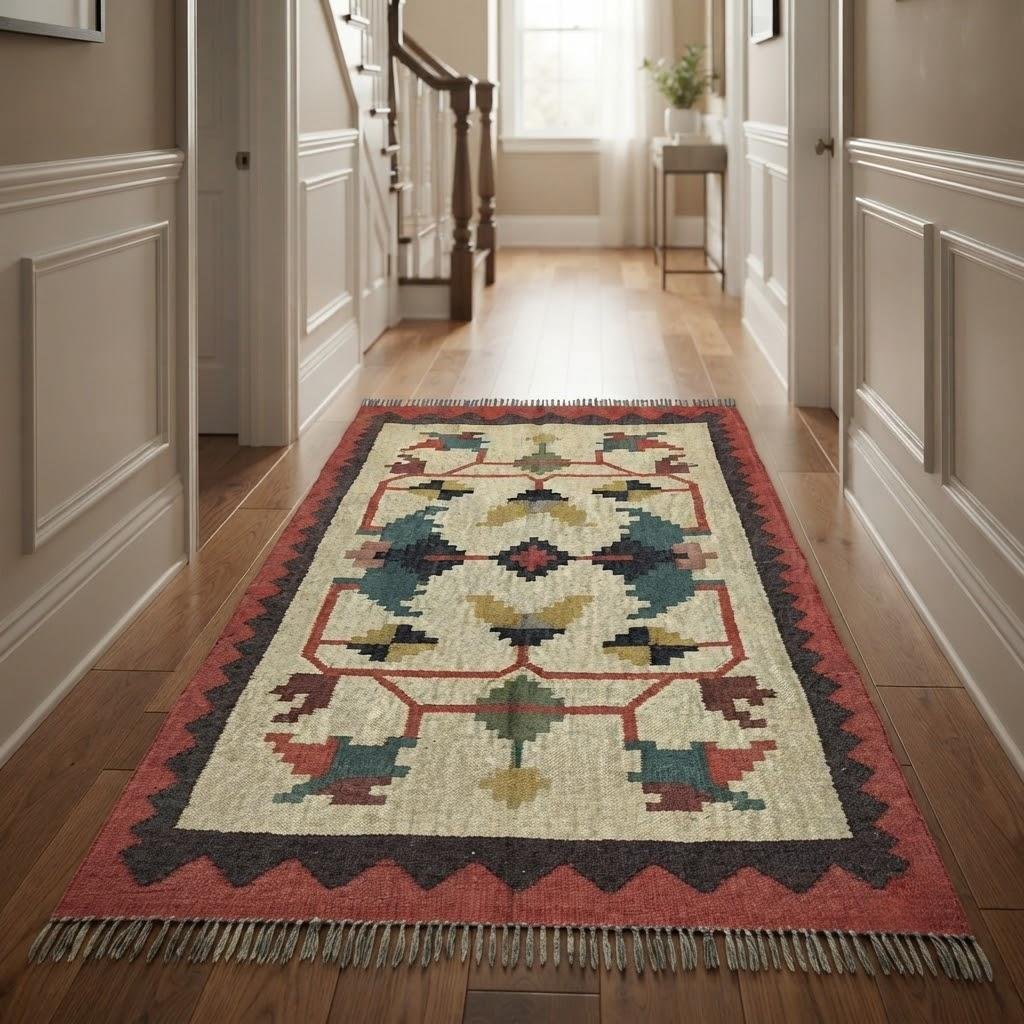Rustic Look Kilim Wool Jute Natural Rug Area Rug Hand Woven Living Room Carpet for Living Room, Hallway